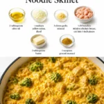 Creamy broccoli cheddar chicken noodle skillet dish served in a pan.