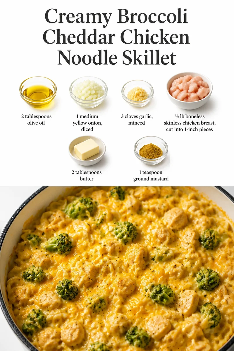 Creamy broccoli cheddar chicken noodle skillet dish served in a pan.