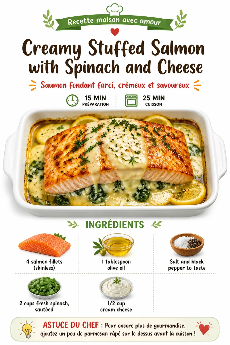 Creamy stuffed salmon with spinach and cheese served on a plate