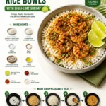 Crispy coconut rice bowls with chili-lime shrimp on a plate