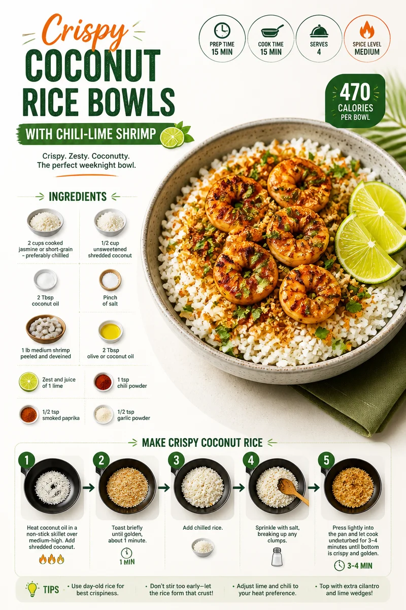 Crispy coconut rice bowls with chili-lime shrimp on a plate