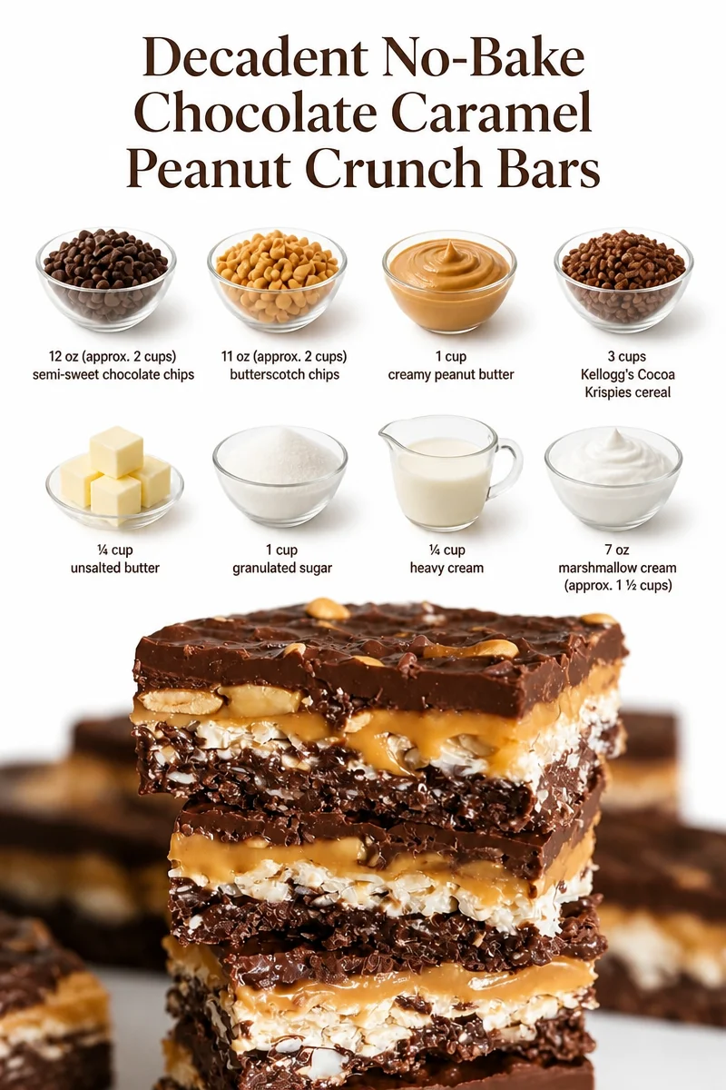 Decadent no-bake chocolate caramel peanut crunch bars on a plate