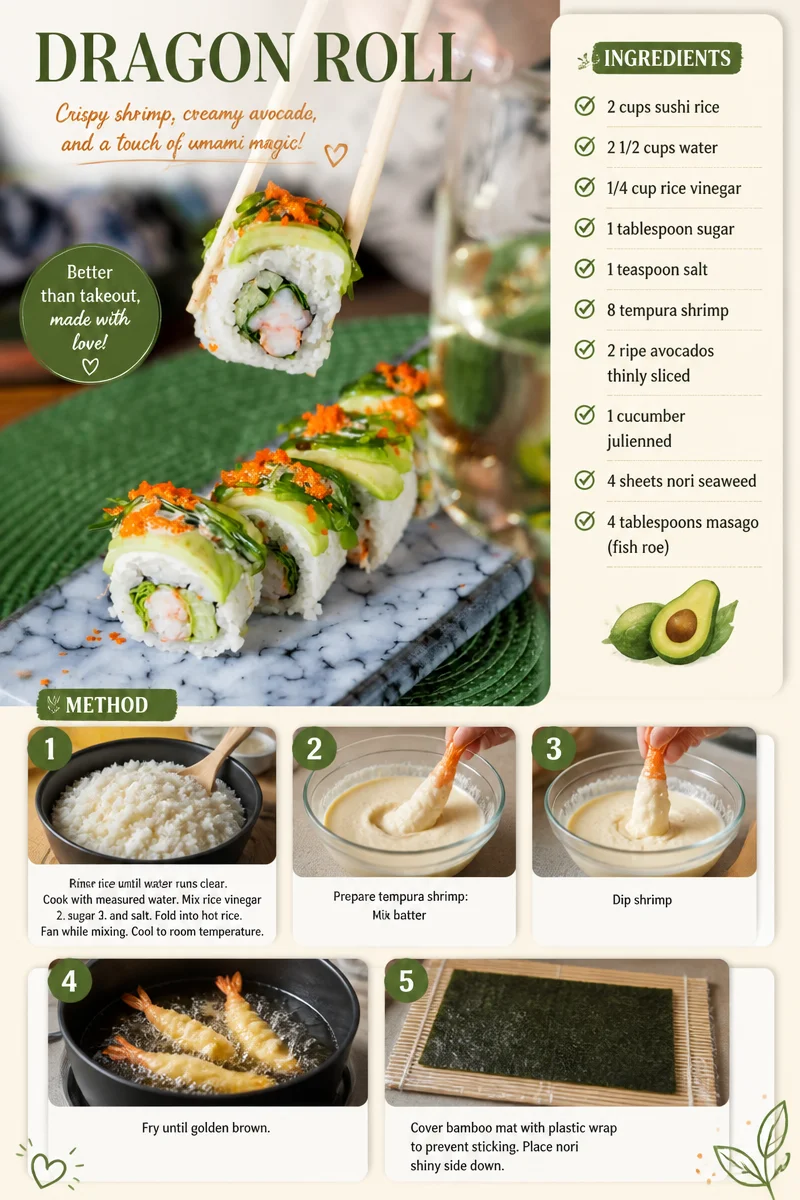 Fresh and colorful Dragon Roll sushi with avocado, eel, and shrimp.