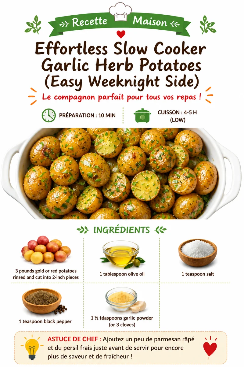 Slow cooker garlic herb potatoes dish garnished with fresh herbs