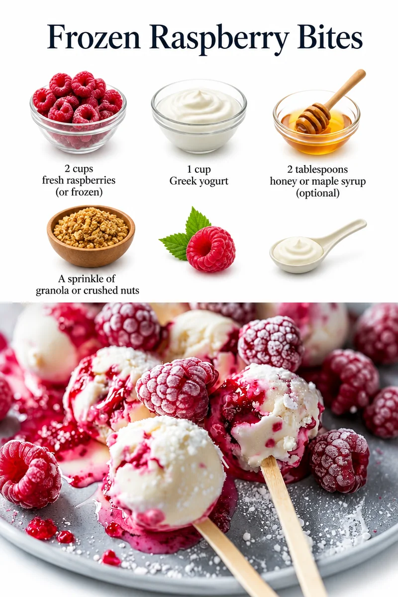 Frozen raspberry bites served in a bowl, a healthy and delicious snack option
