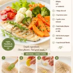 Grilled fish served with a side of colorful steamed vegetables.