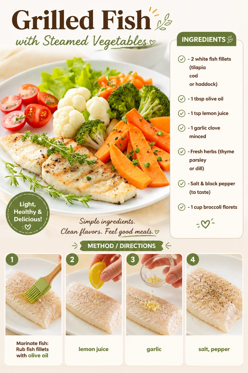 Grilled fish served with a side of colorful steamed vegetables.