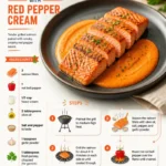 Grilled salmon topped with red pepper cream sauce on a plate