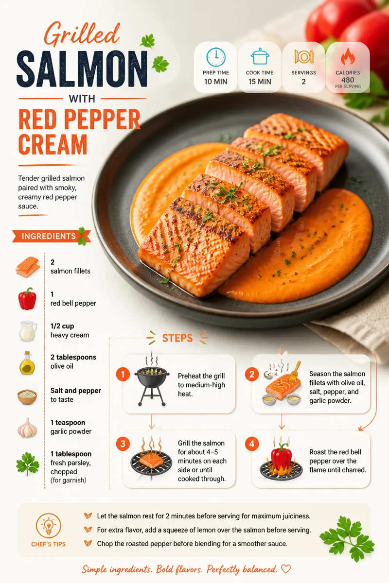 Delicious grilled salmon with red pepper cream sauce on a plate