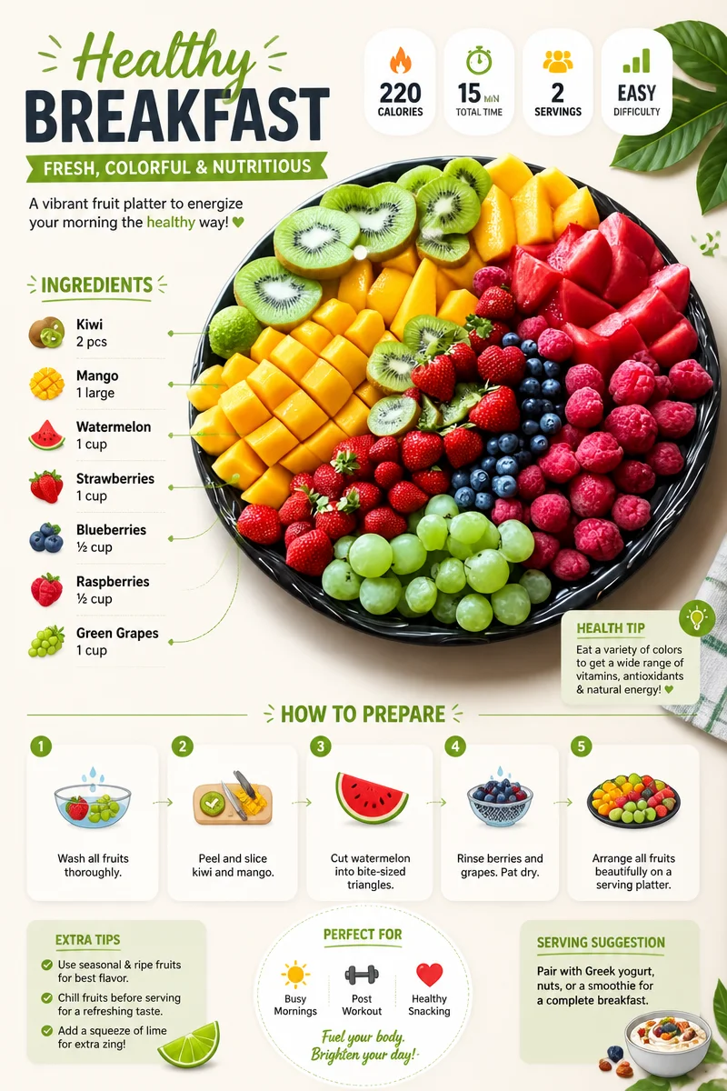 Colorful healthy breakfast spread with fruits, nuts, and whole grains.