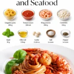 Plate of linguine with tomato sauce and seafood garnished with herbs