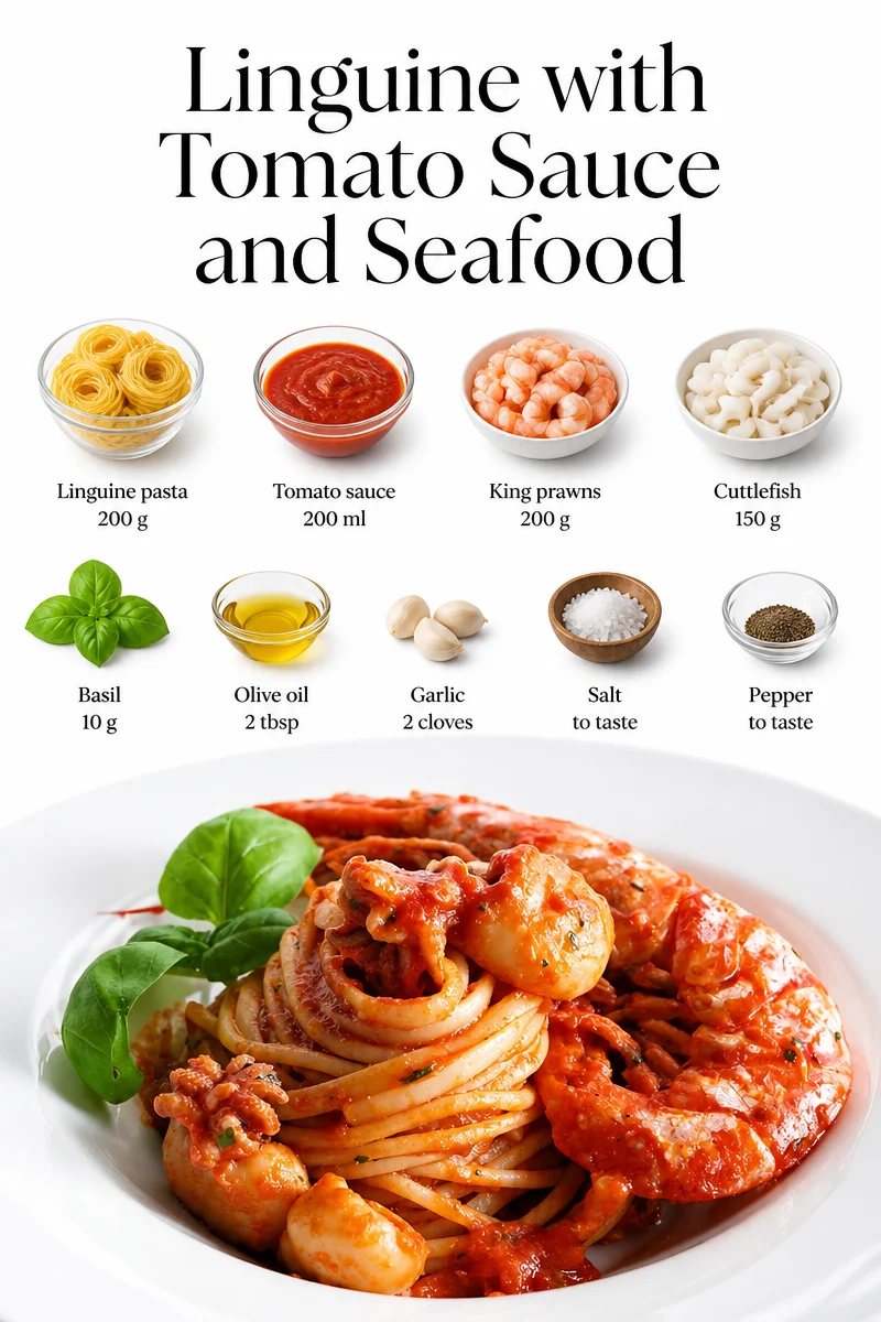 Plate of linguine with tomato sauce and seafood garnished with herbs