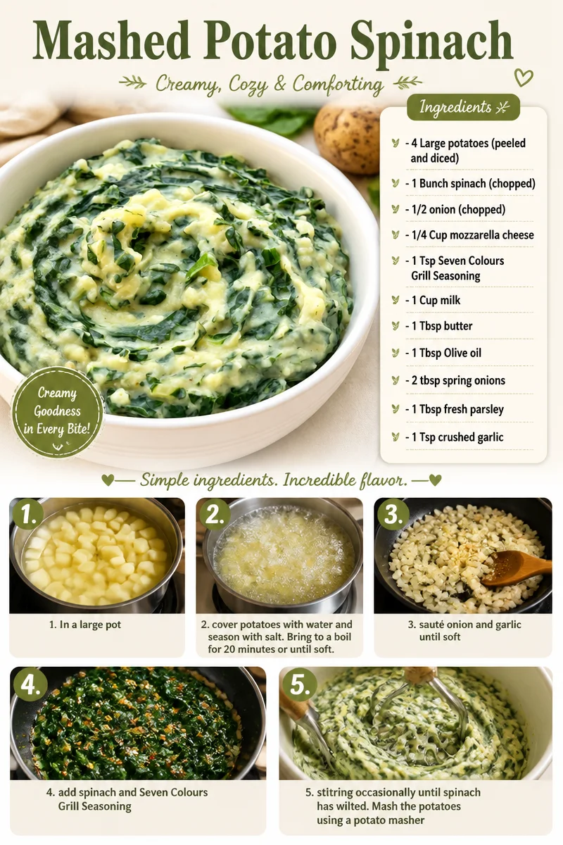 Creamy mashed potato spinach served on a plate