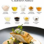 Pan-Seared Grouper garnished with Coconut Miso Cilantro Sauce on a plate