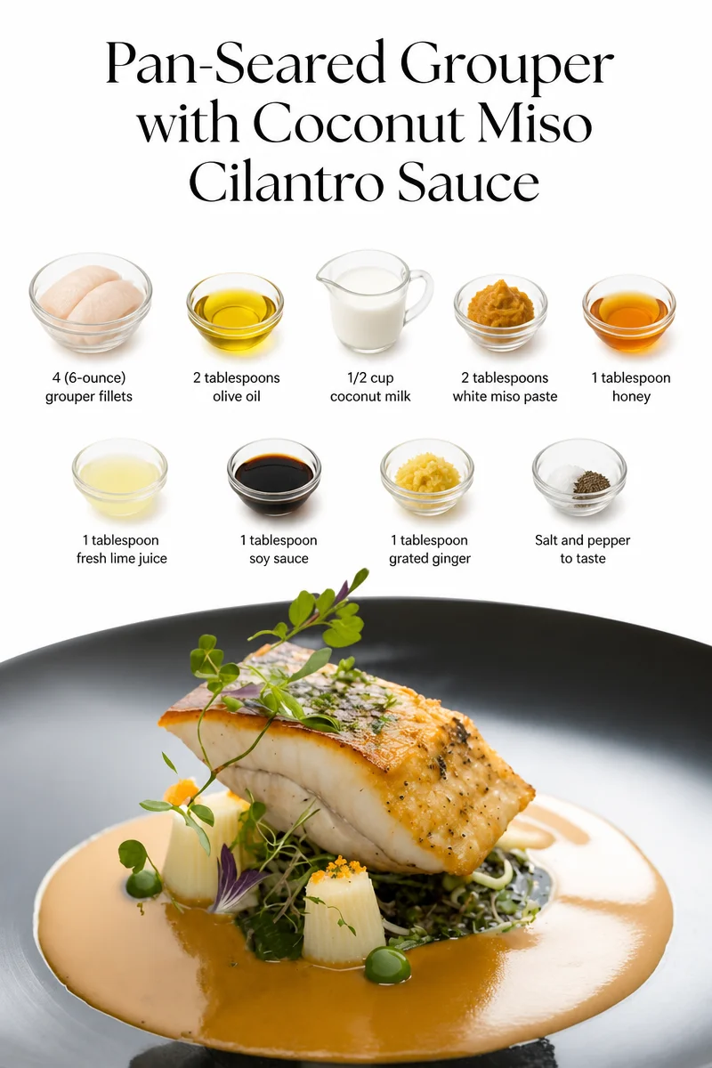 Pan-Seared Grouper garnished with Coconut Miso Cilantro Sauce on a plate