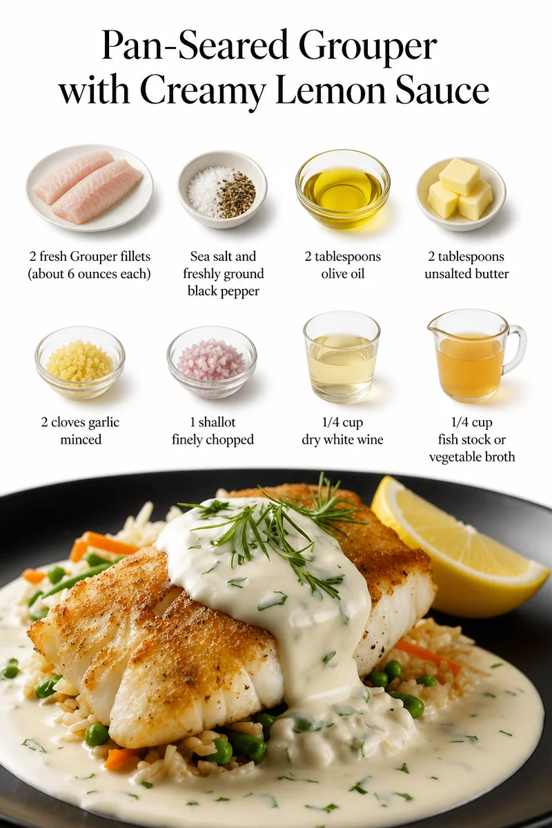 Pan-seared grouper fillet served with creamy lemon sauce on a plate.