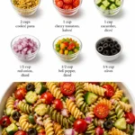 Colorful pasta salad with fresh vegetables and dressing in a serving bowl