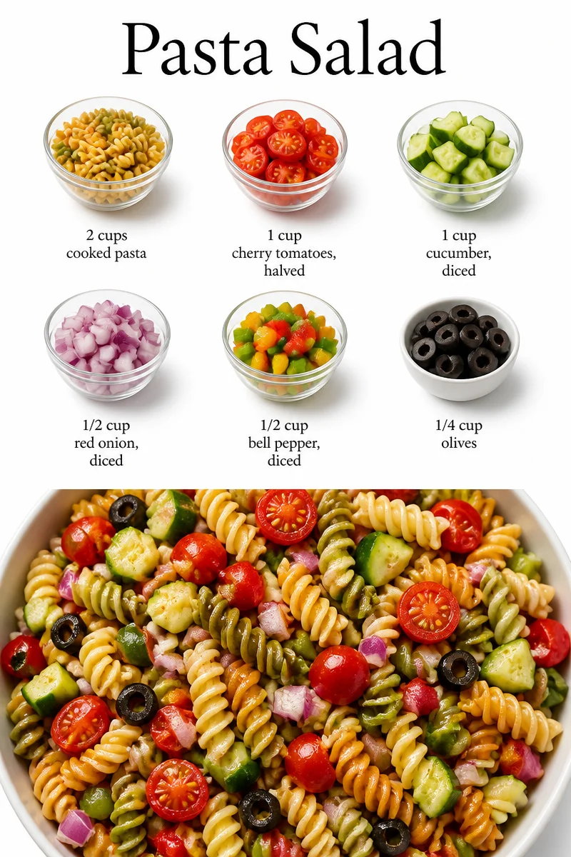 Colorful pasta salad with fresh vegetables and dressing in a bowl.