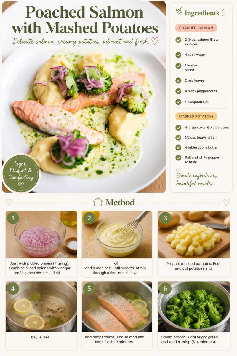 Plated poached salmon with creamy mashed potatoes on a white dish