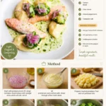Plate of poached salmon alongside creamy mashed potatoes garnished with herbs.