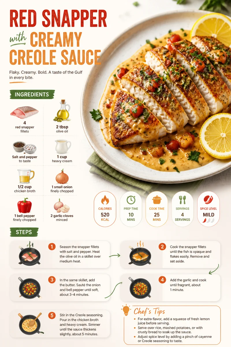Delicious Red Snapper served with a rich Creamy Creole Sauce