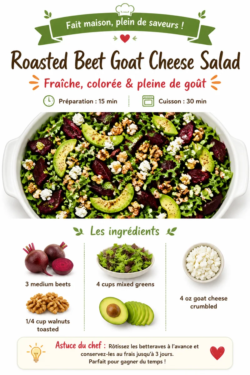 Roasted beet goat cheese salad with fresh greens and a tangy dressing