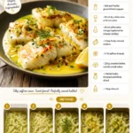 Plate of seared halibut with saffron beurre blanc sauce and fennel confit garnish.