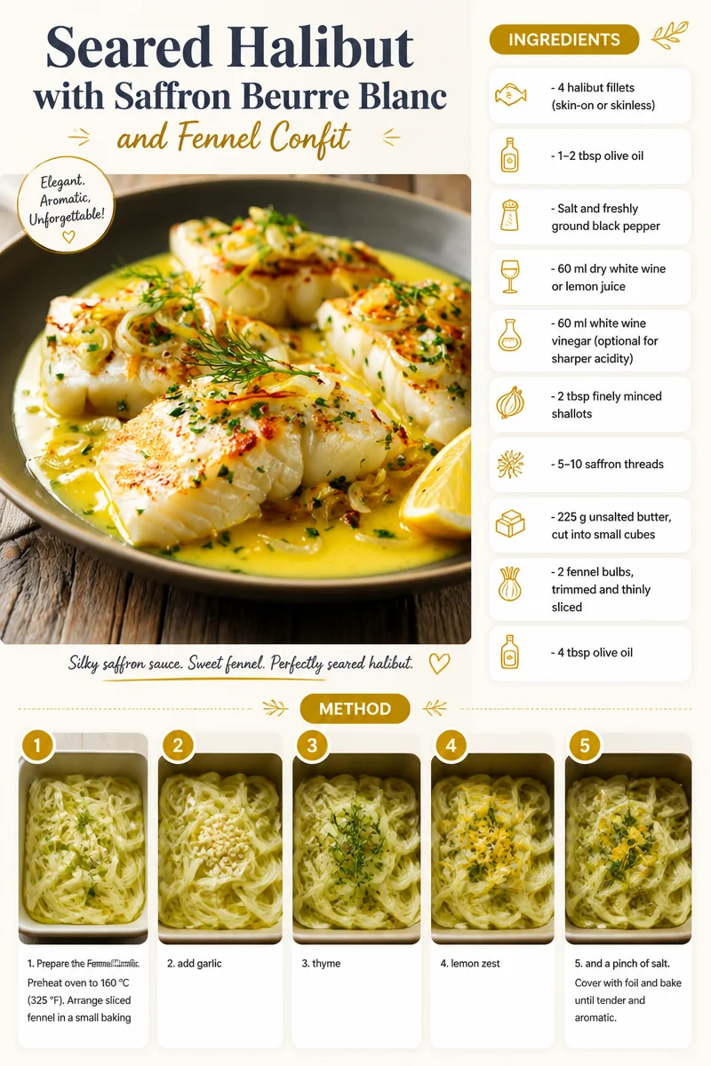Plate of seared halibut with saffron beurre blanc sauce and fennel confit garnish.