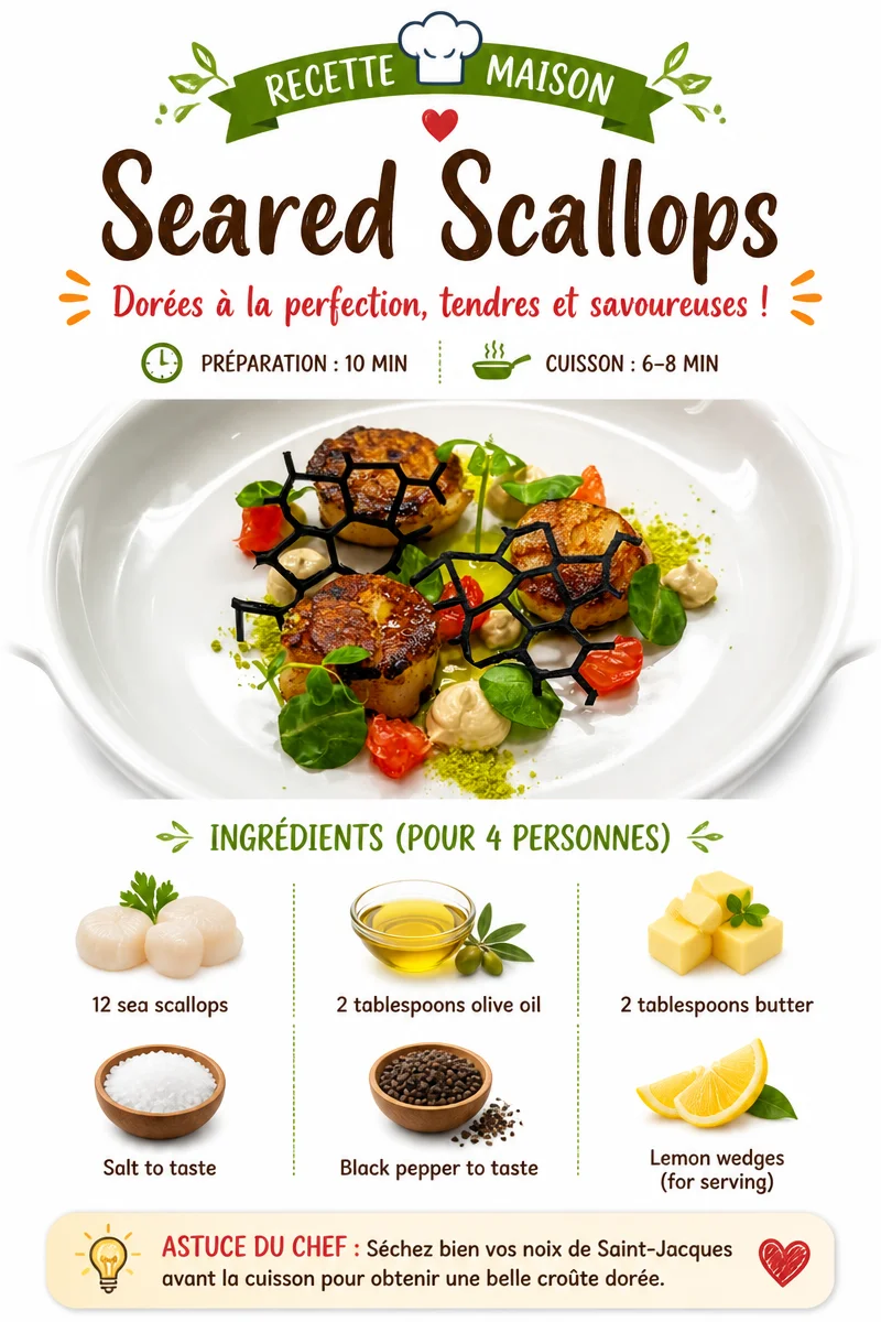 Plate of beautifully seared scallops garnished with herbs