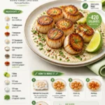 Plate of seared scallops with cilantro lime sauce garnished with fresh herbs