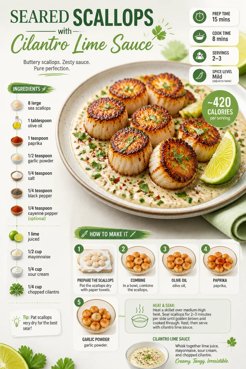 Plate of seared scallops with cilantro lime sauce garnished with fresh herbs