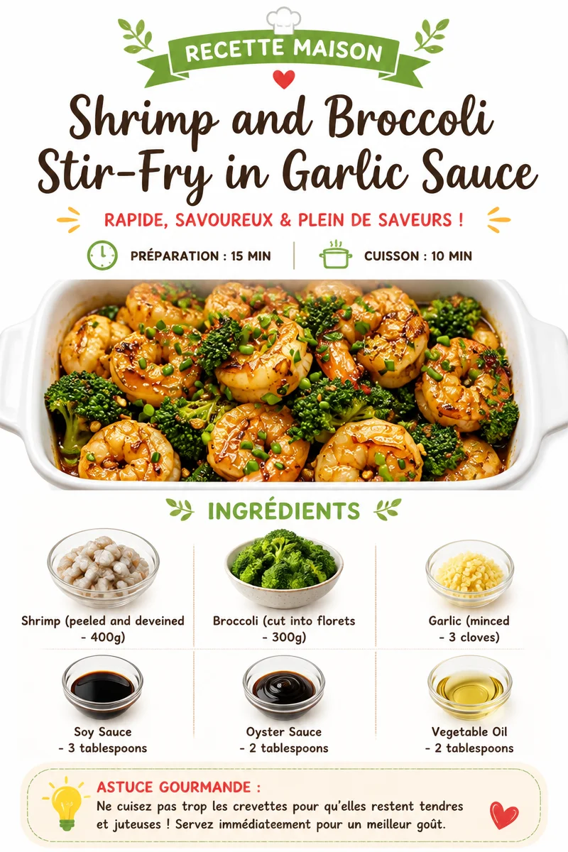 Shrimp and broccoli stir-fry in garlic sauce on a plate