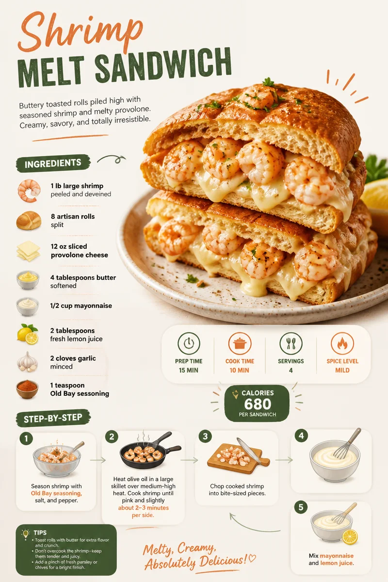 Delicious shrimp melt sandwich with shrimp, cheese, and fresh ingredients