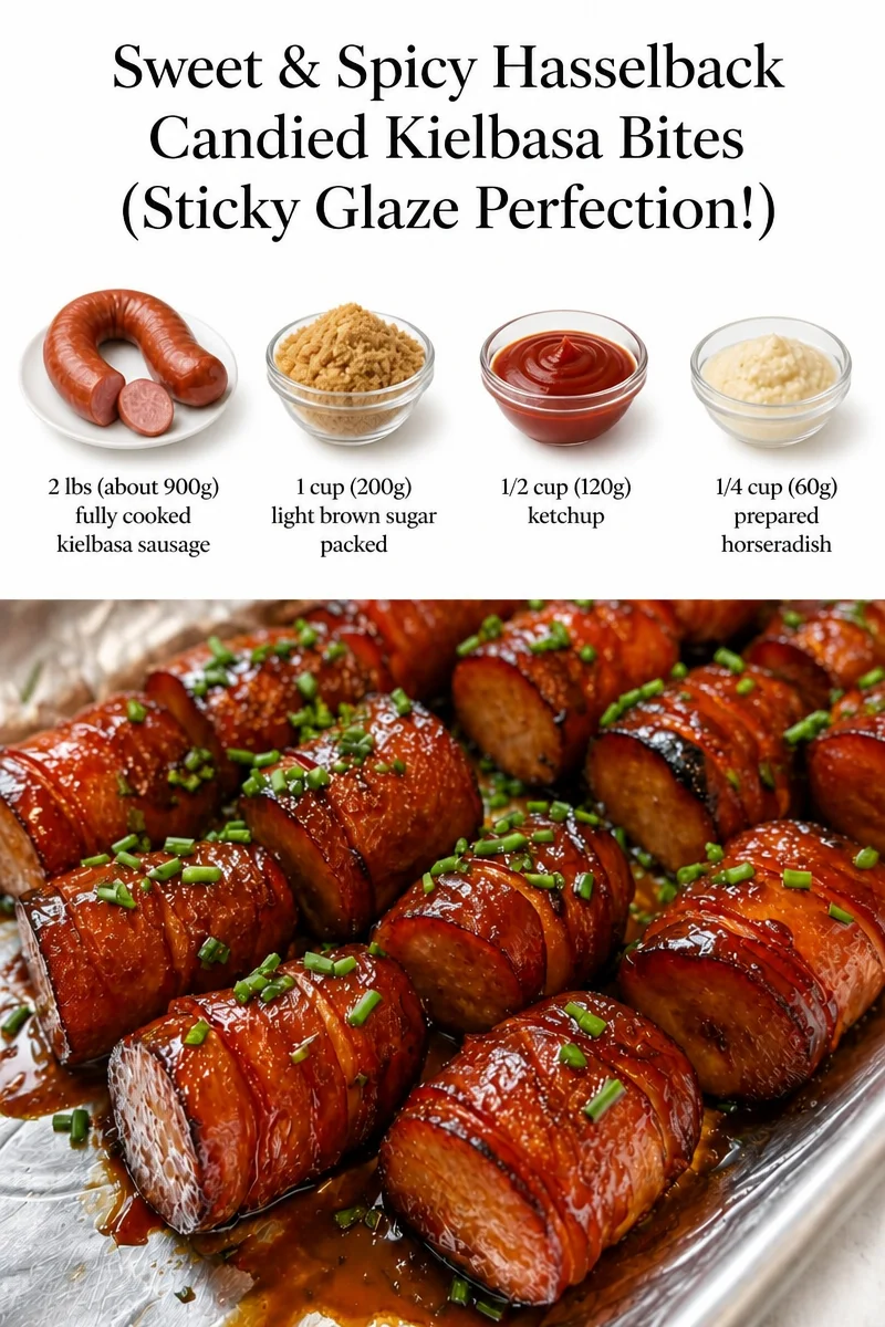Sweet and spicy Hasselback Kielbasa bites with a sticky glaze