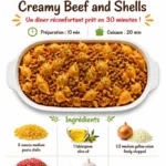 Creamy beef shells served in a bowl with fresh parsley garnish.