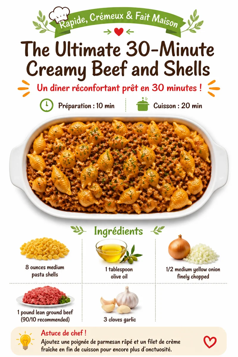 Creamy beef shells served in a bowl with fresh parsley garnish.