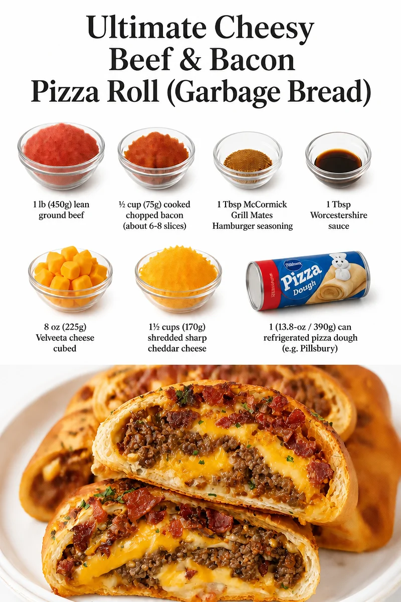 Ultimate cheesy beef and bacon pizza roll served fresh and hot