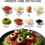 Colorful Halloween pasta dishes adorned with spooky decorations and toppings