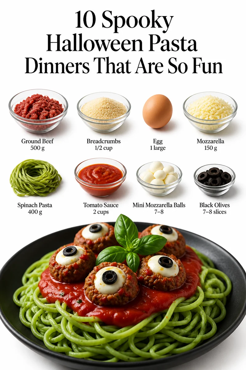 Colorful Halloween pasta dishes adorned with spooky decorations and toppings