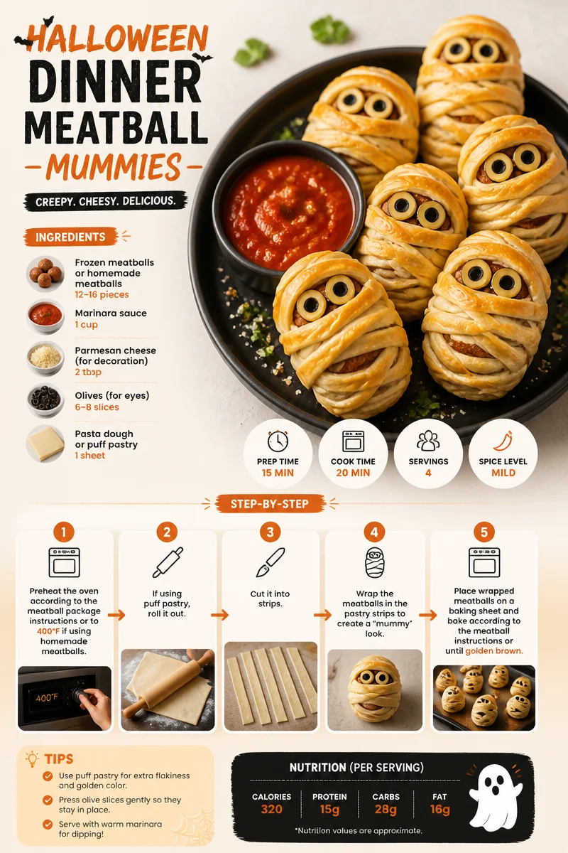 Delicious Halloween meatball mummies wrapped in dough for a spooky dinner