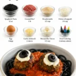 Spooky Halloween spaghetti and meatballs served with edible eyes.