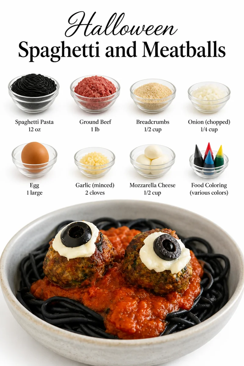 Spooky Halloween spaghetti and meatballs served with edible eyes.