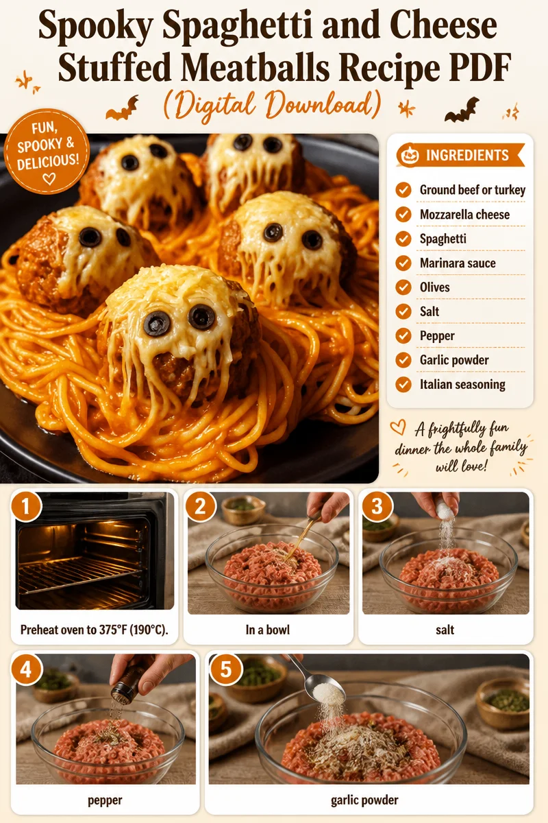 Spooky spaghetti and cheese stuffed meatballs recipe PDF download