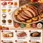 Delicious autumn apple cider pork roast served with seasonal vegetables