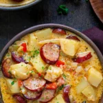 Delicious bowl of homemade Cajun Potato Soup garnished with herbs.