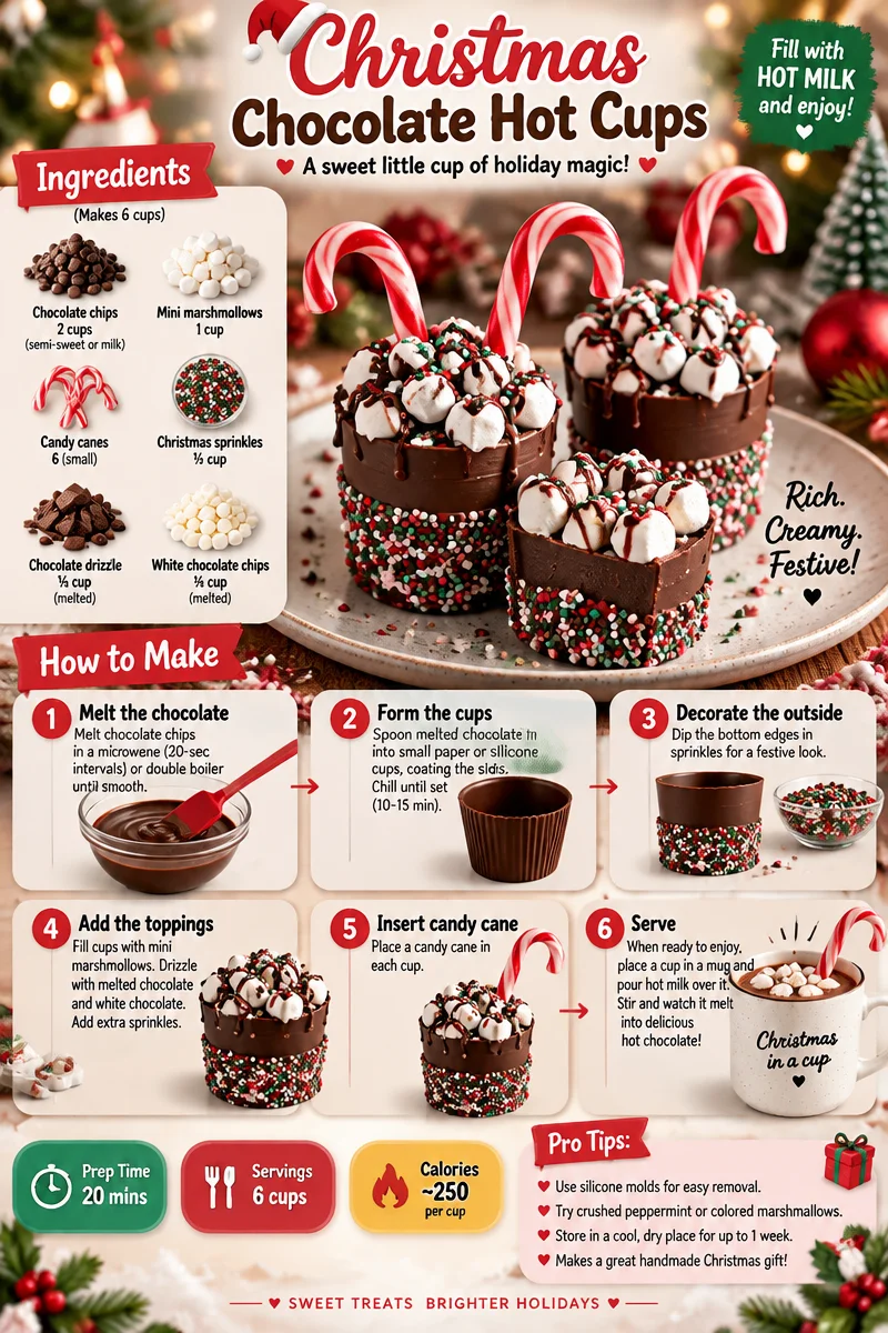 Delicious Christmas Chocolate Hot Cups topped with whipped cream and chocolate drizzle