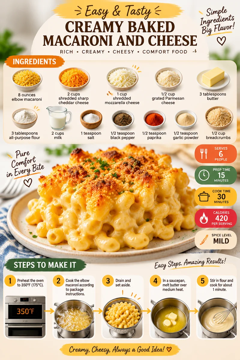 Creamy baked macaroni and cheese in a casserole dish