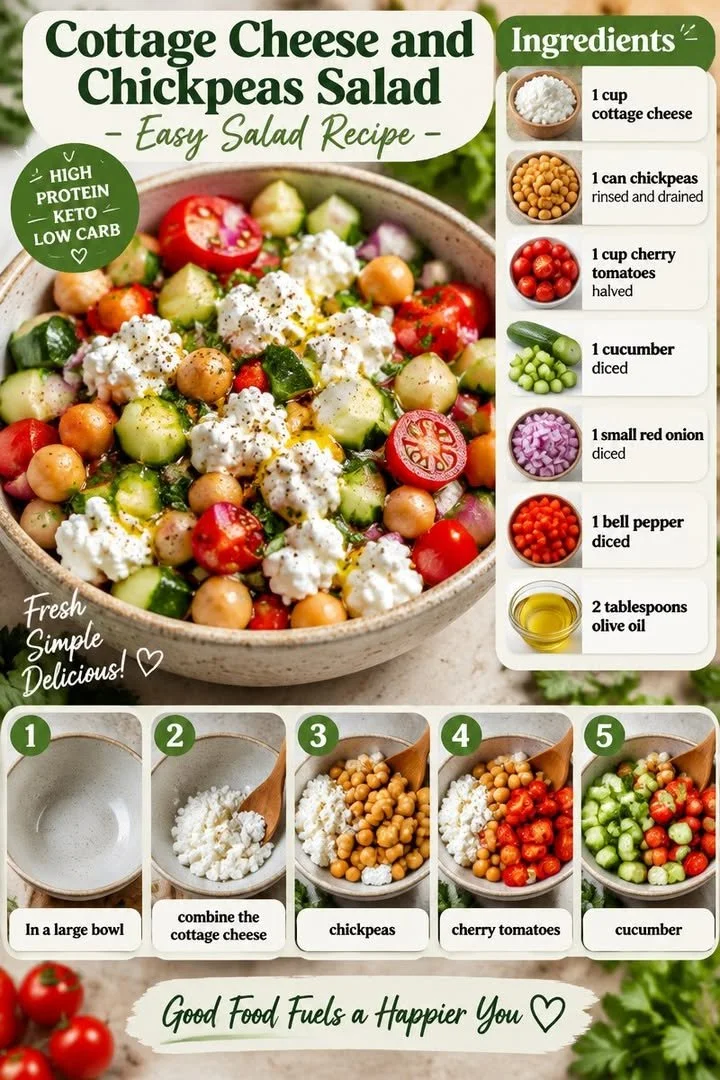 Creamy Cottage Cheese and Chickpeas Salad in a bowl with fresh vegetables