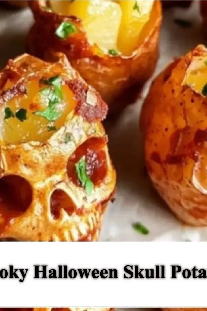 Creepy Halloween skull-shaped spooky potatoes served on a platter.
