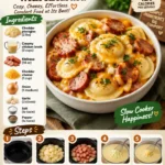 Delicious Crockpot Pierogi Casserole with Kielbasa ready to serve